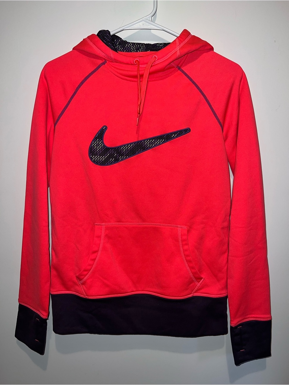 Nike Neon Pink Pullover Hoodie with Black Swoosh and Purple Trim